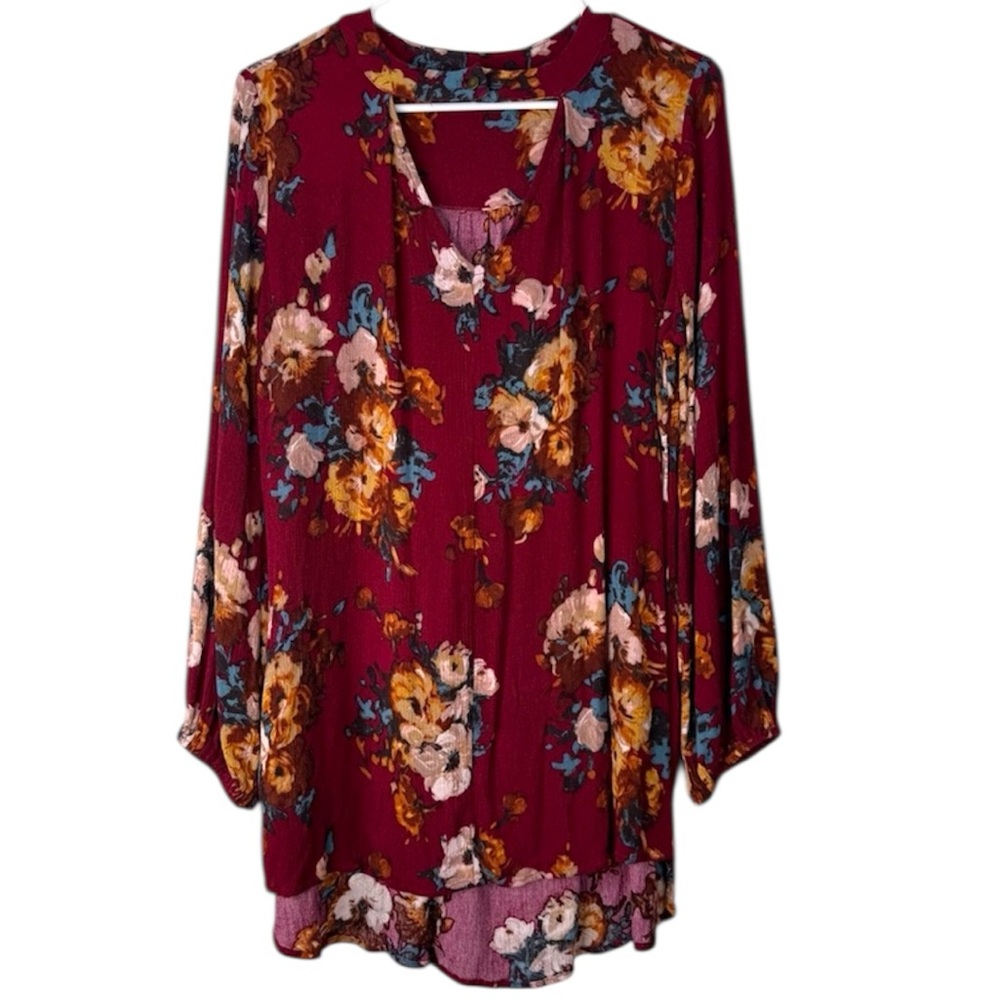 Wanderlux Burgundy Floral Long Sleeve Blouse Size M Boho Peasant Top